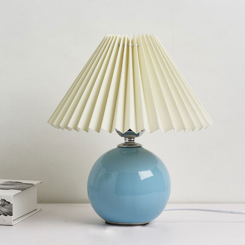 Lampe de table moderne à boule en céramique avec abat-jour plissé en forme de champignon