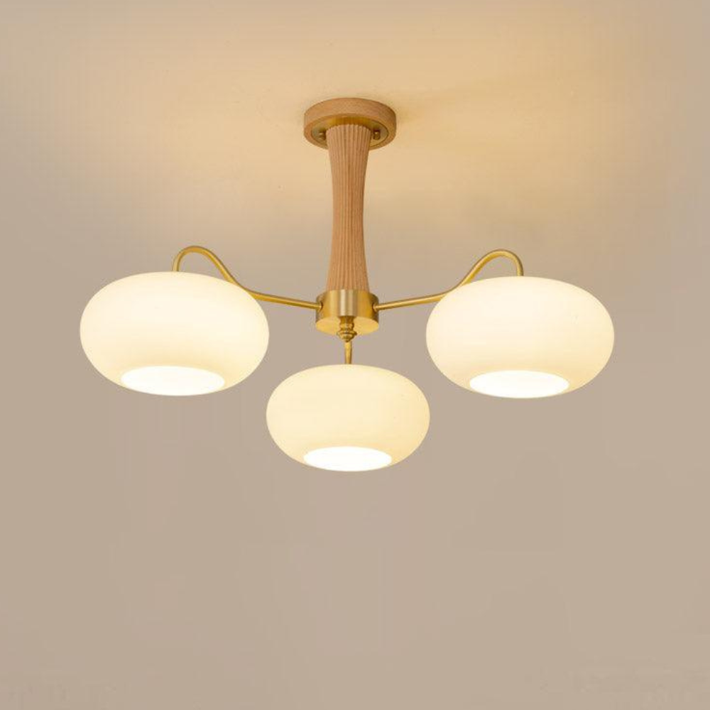 Chandelier with Walnut Wood and Persimmon Glass Shades - Modern Mid Century