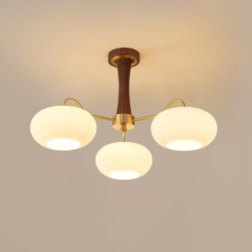 Chandelier with Walnut Wood and Persimmon Glass Shades - Modern Mid Century