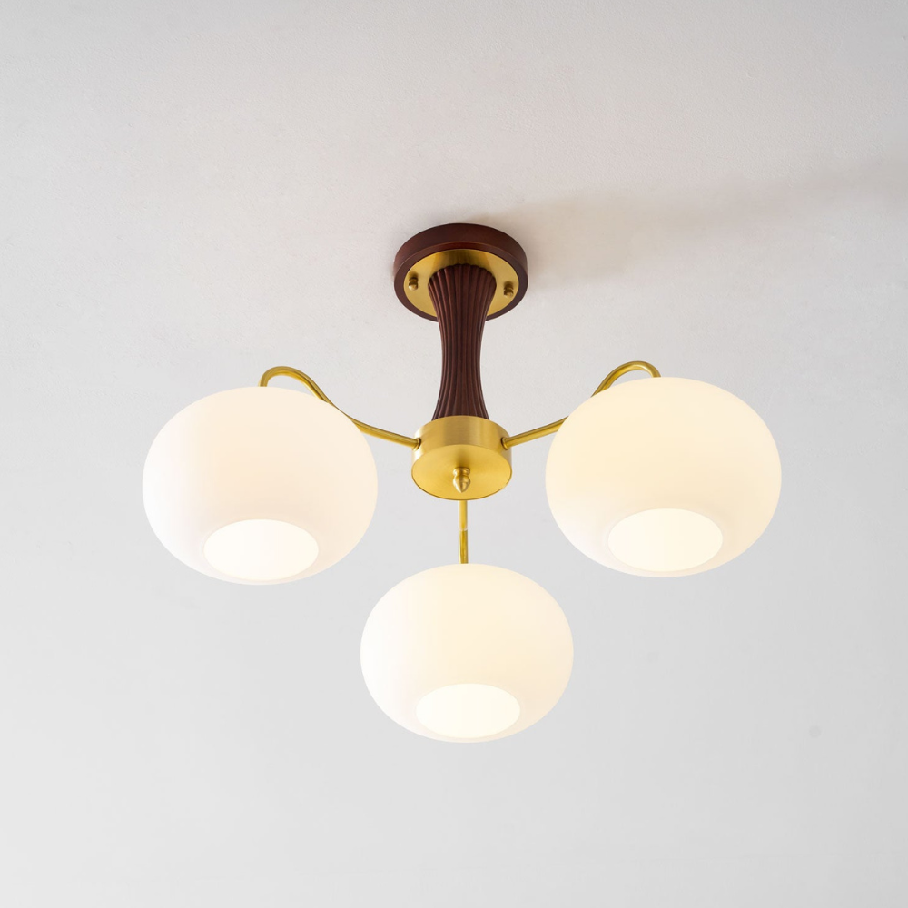 Chandelier with Walnut Wood and Persimmon Glass Shades - Modern Mid Century