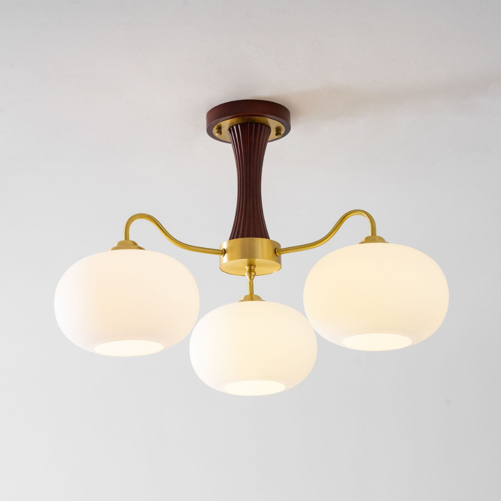 Chandelier with Walnut Wood and Persimmon Glass Shades - Modern Mid Century