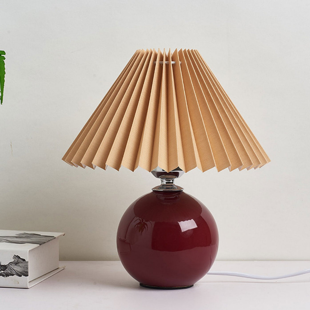 Lampe de table moderne à boule en céramique avec abat-jour plissé en forme de champignon