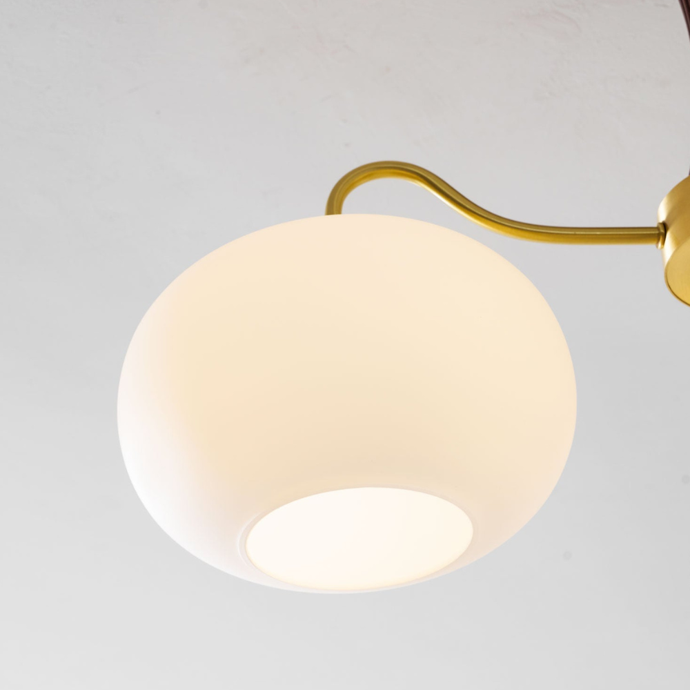 Chandelier with Walnut Wood and Persimmon Glass Shades - Modern Mid Century