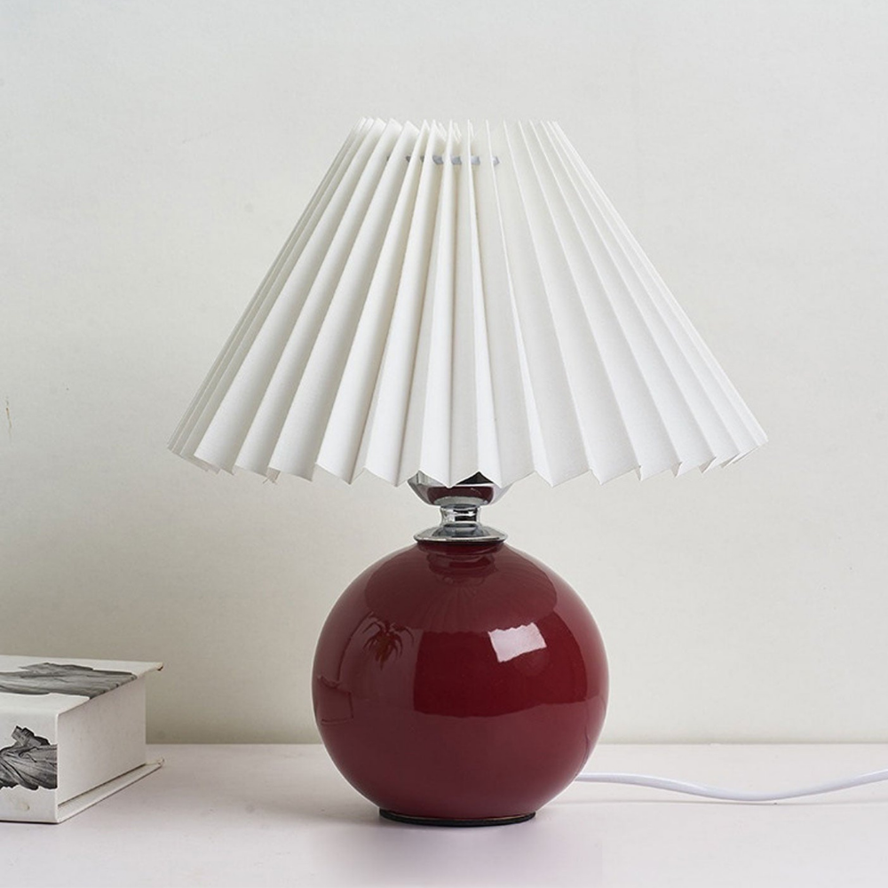 Lampe de table moderne à boule en céramique avec abat-jour plissé en forme de champignon