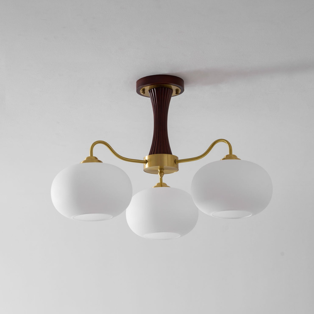 Chandelier with Walnut Wood and Persimmon Glass Shades - Modern Mid Century