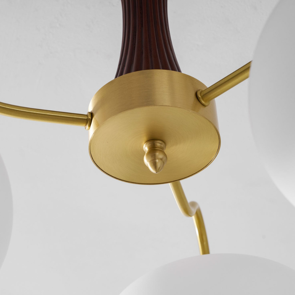 Chandelier with Walnut Wood and Persimmon Glass Shades - Modern Mid Century