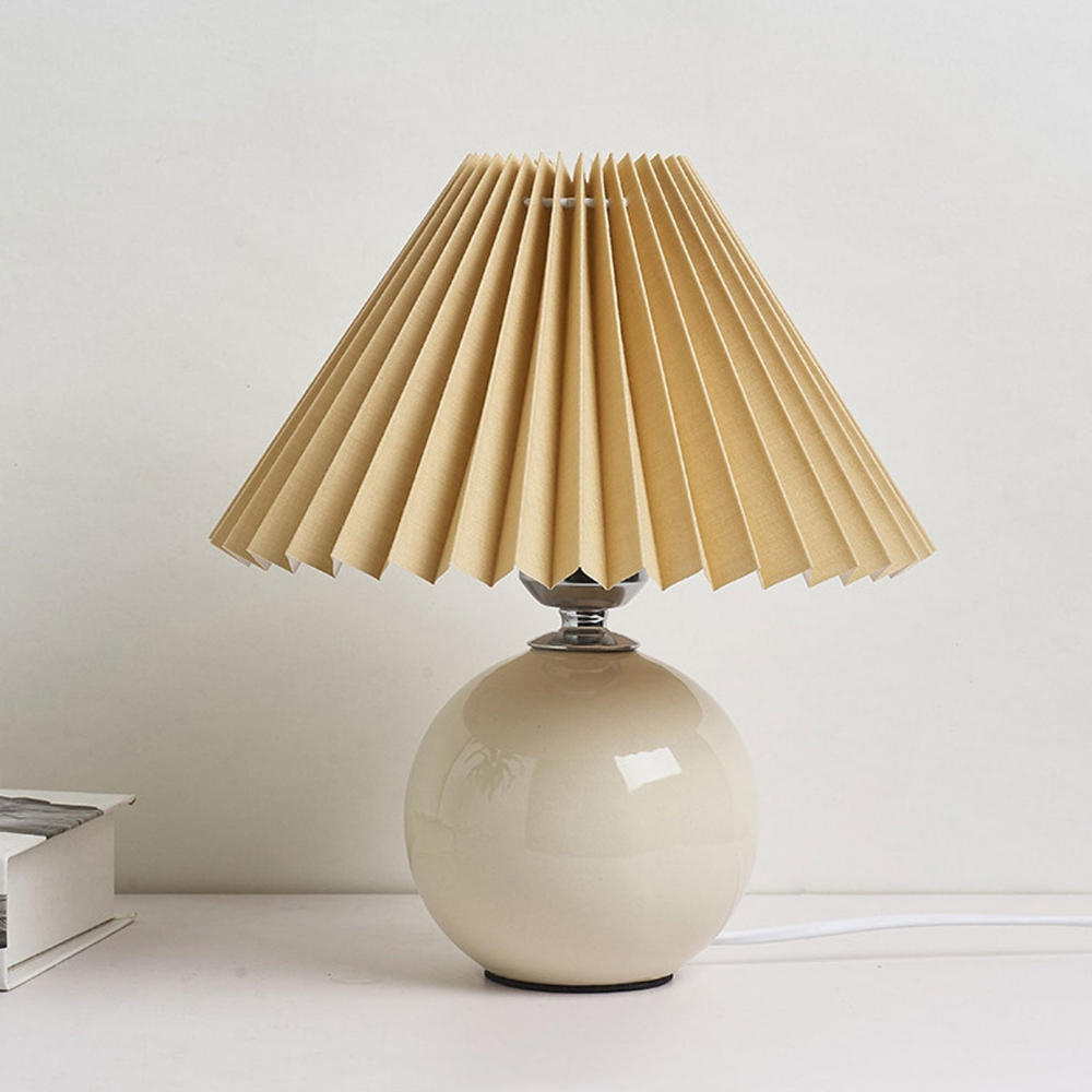 Lampe de table moderne à boule en céramique avec abat-jour plissé en forme de champignon
