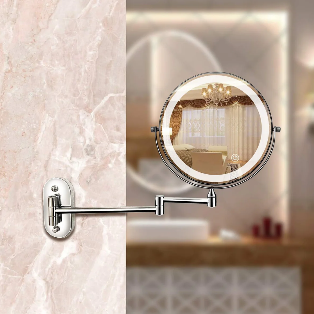 Wall-Mounted LED Makeup Mirror with Accordion Arm - 360° Swivel Grooming