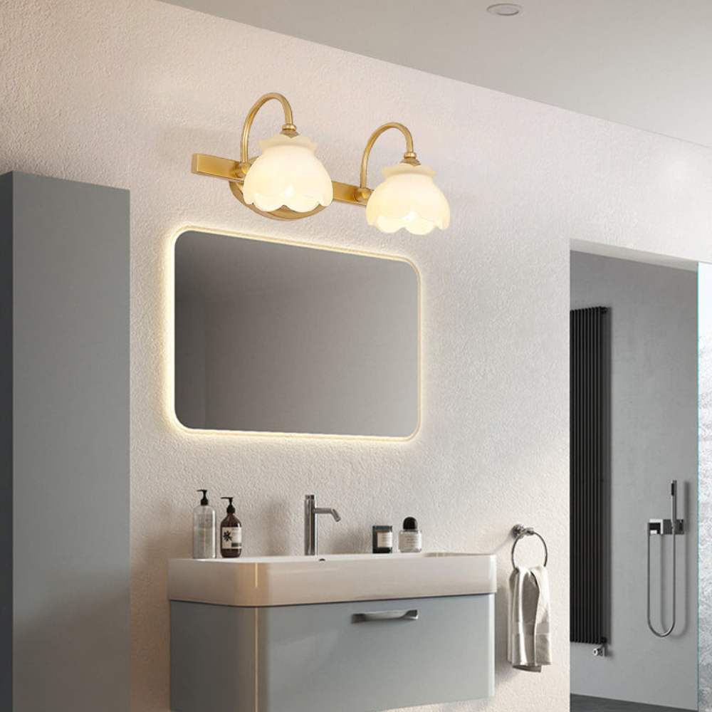 Bathroom lights above mirror with Arched Brass Arms and Frosted Glass - Colonial
