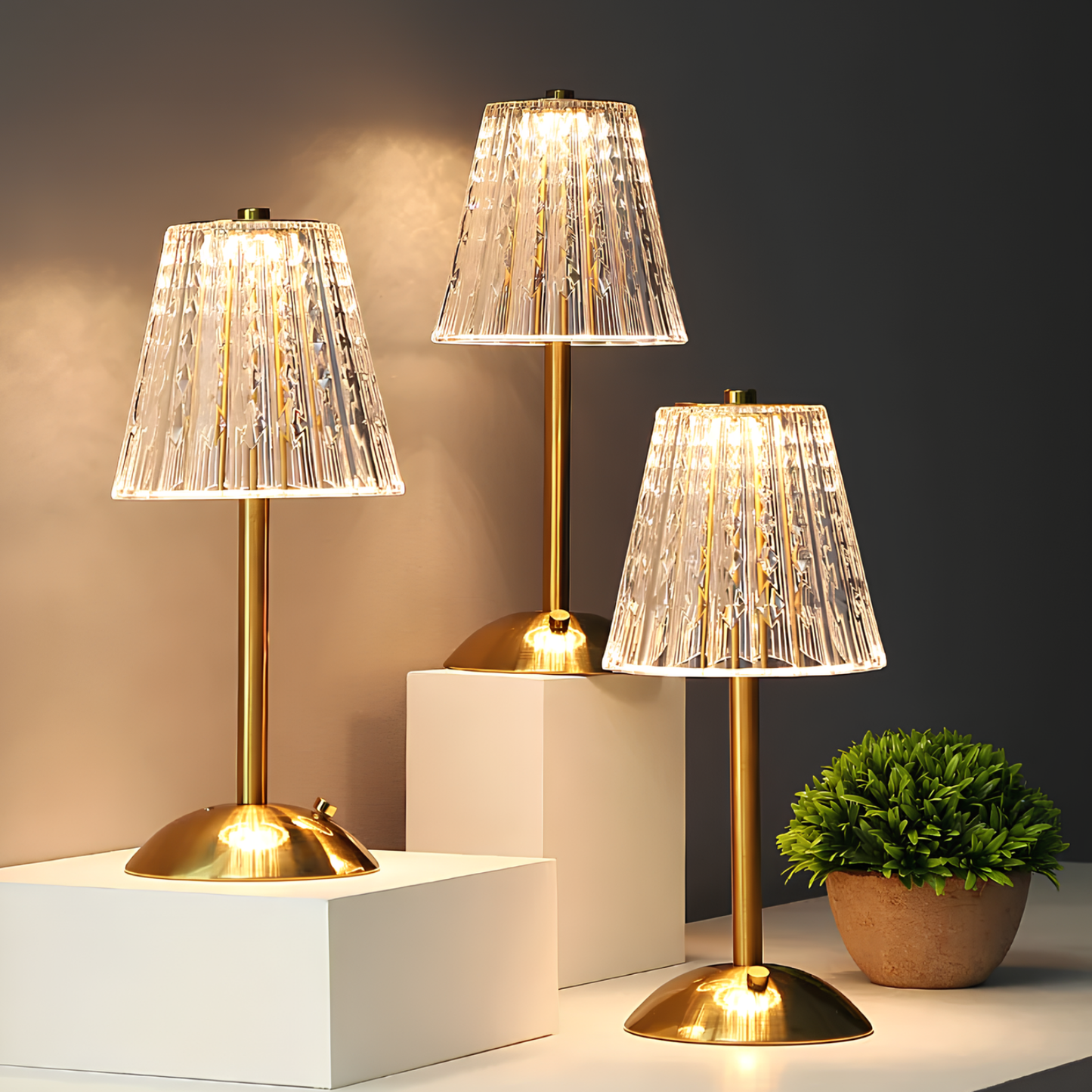 Ribbed Glass Cordless Crystal Table Lamp