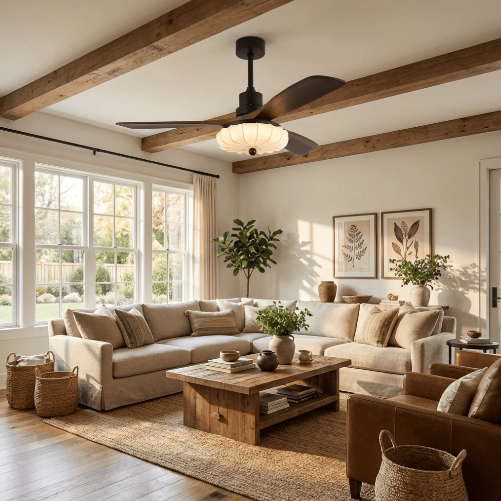 Deckenventilator mit Licht und handgefertigtem Lotus-Schirm aus Stoff – ruhiger moderner Stil