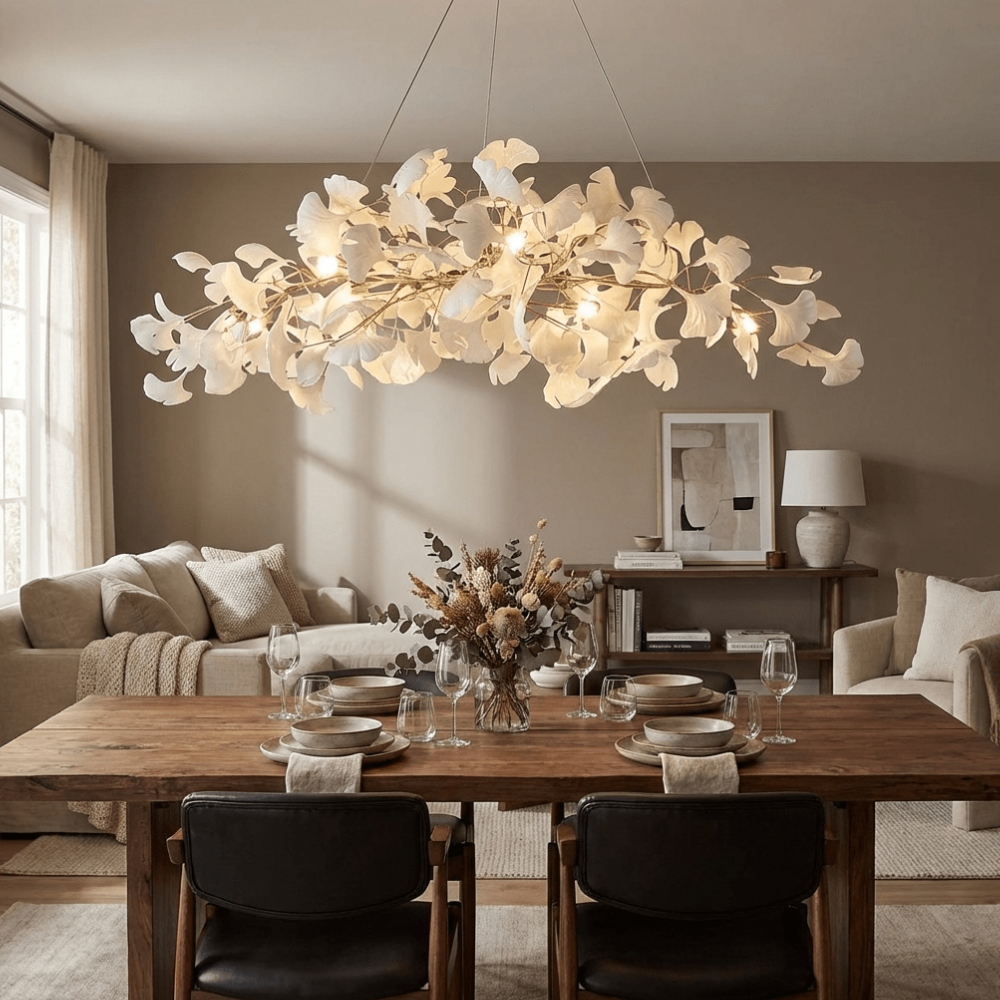 Linearer Esszimmer-Kronleuchter mit Keramik-Ginkgoblättern – Moderner Art Deco