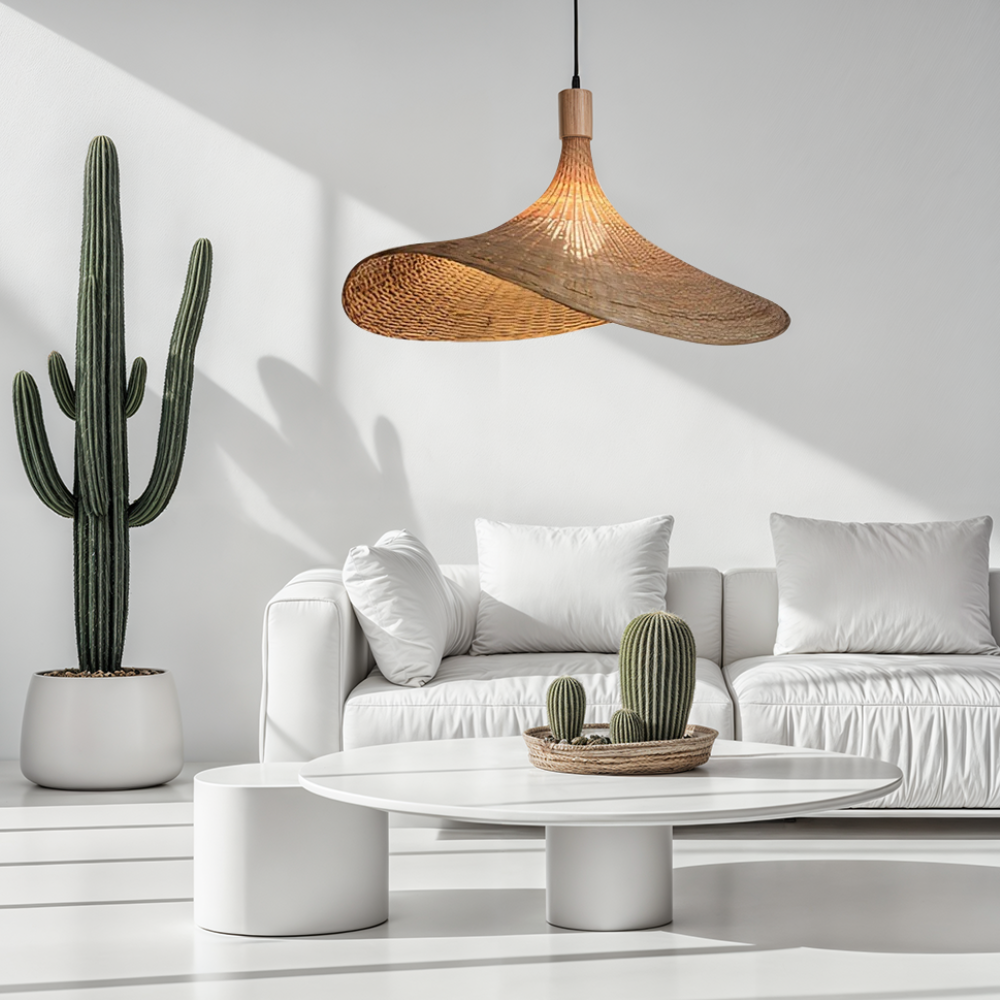 Woven Bamboo Sun Hat Pendant Light - Coastal Boho Decor