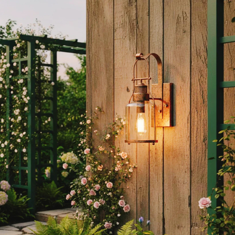 Permanent Outdoor House Lights with Clear Glass Jar Shade and Iron Arm