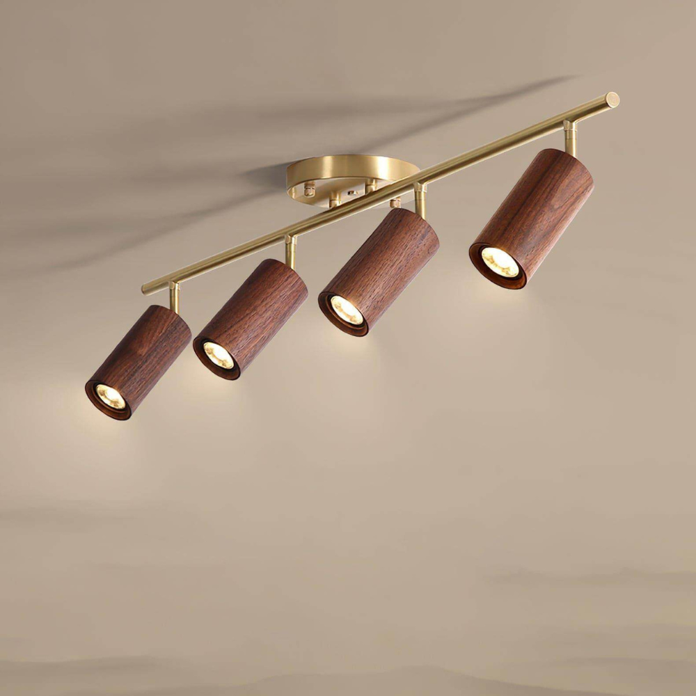 Rotational Wood Track Lighting with Brass Hardware - Mid Century Modern
