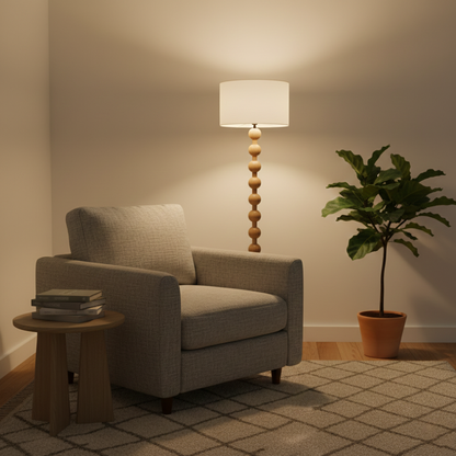 Floor Lamp with Stacked Wooden Spheres and Fabric Drum Shade