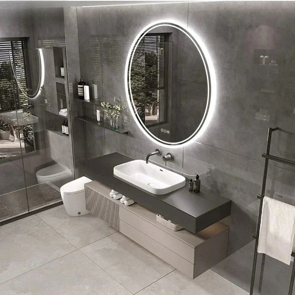 Led backlit bathroom mirror with Dimmable LED Ring and Frameless Design - Minimalist