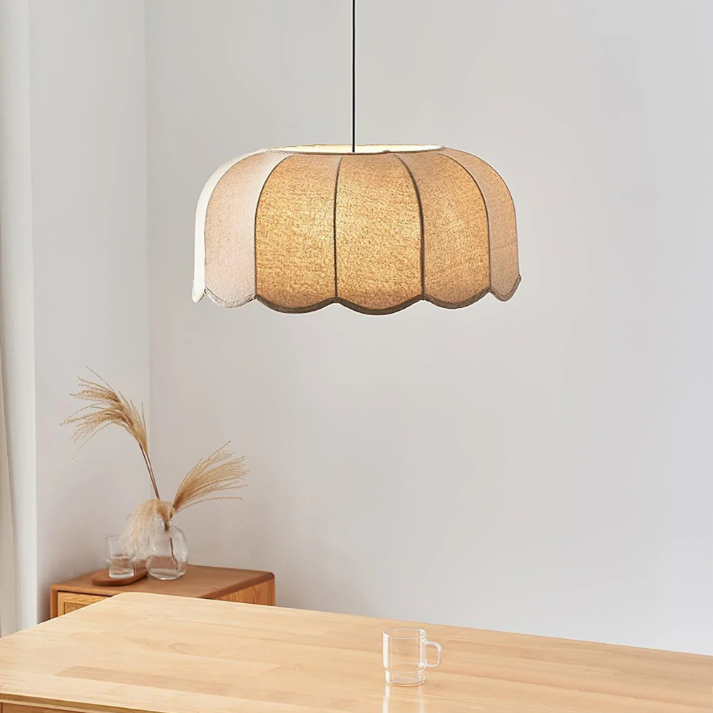 Scalloped Fabric Pendant Lamp - Modern Boho Beige Striped Ceiling Light