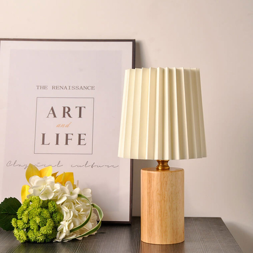 Lampe de table en tissu plissé style milieu du siècle avec socle en bois