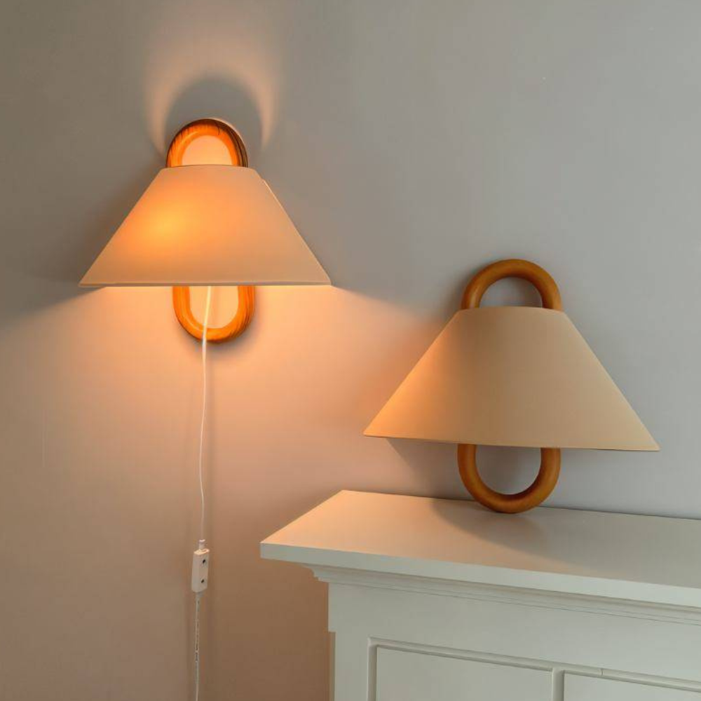 Wall Sconce with Tapered Fabric Shade - Modern Mid Century Wood