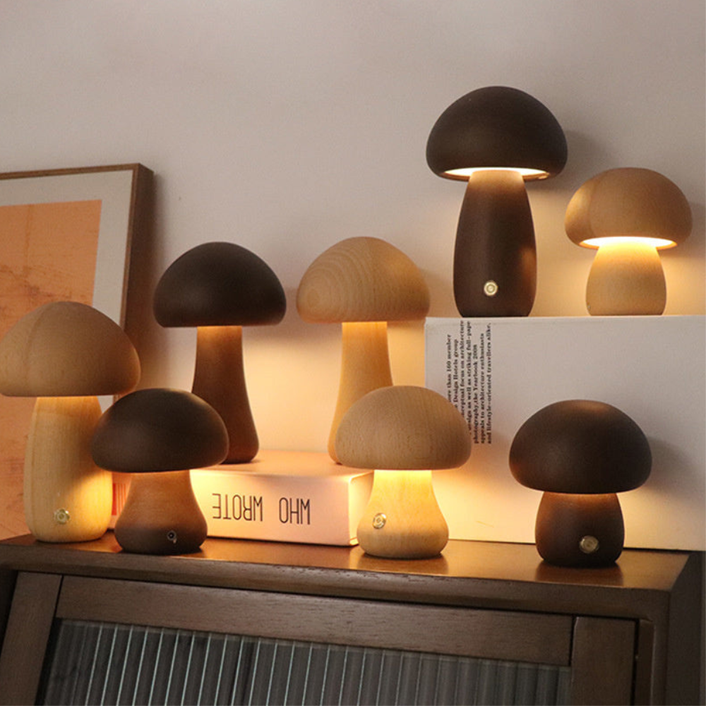 Cordless Mushroom Table Lamp in Carved Wood Mushroom - Rechargeable LED Style