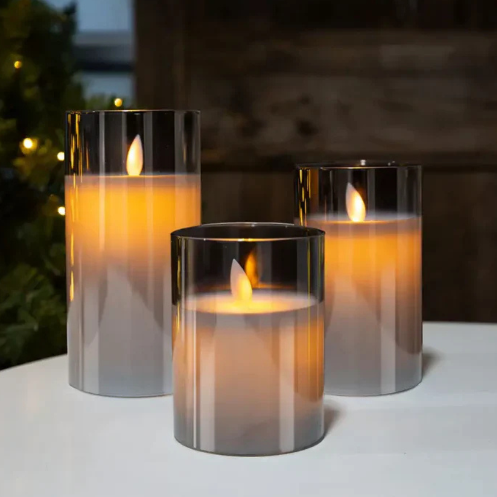 Battery Operated Moving Wick Candles - Minimalist Smoky Glass Set of 3