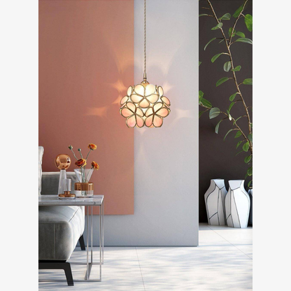 Floral Glass Hanging Lamp with Brass Hardware - Vintage Modern Art