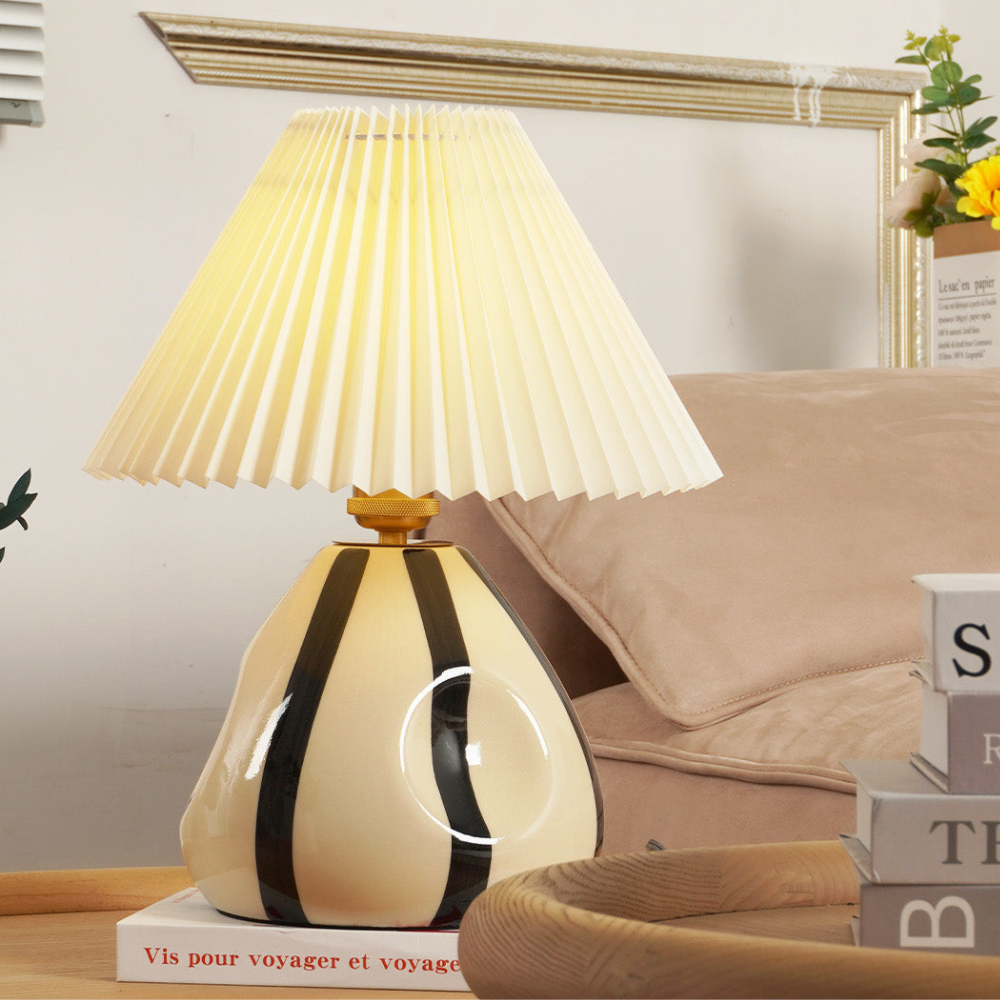 Table Lamp with Pleated Fabric Shade - Mid Century Modern Ceramic