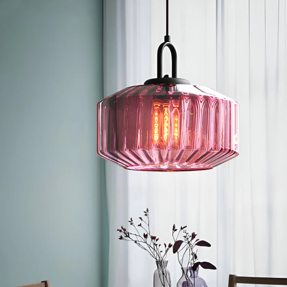 Pendant Light with Ribbed Glass Shade - Retro Mid Century Modern