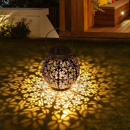 Solar Powered Lantern with Metal Floral Cutout Pattern - Boho Moroccan