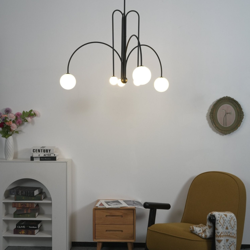 Chandelier with Arched Arms and Frosted Globes - Modern Mid Century