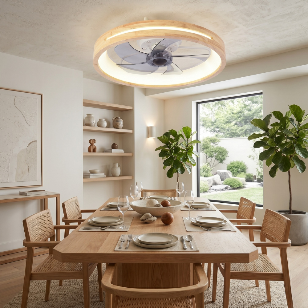 flush mount ceiling fan with light and Hollowed or Solid Wood Frame - Japandi Style