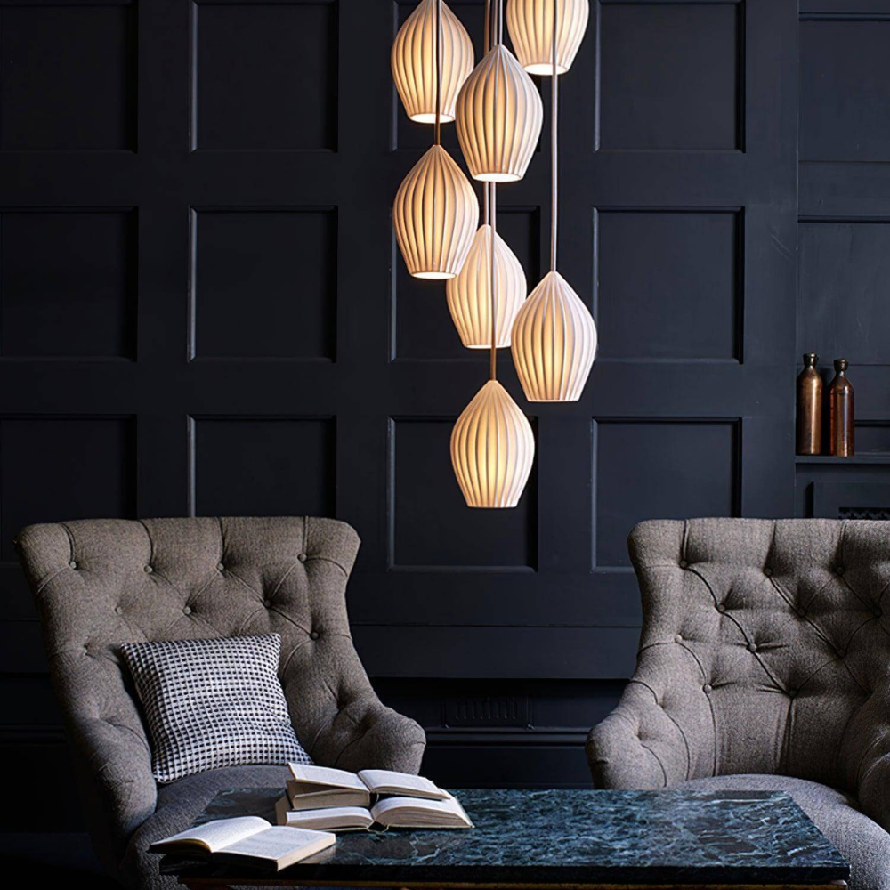 Ceramic Pendant Light with Ribbed Teardrop Shade - Modern Coastal