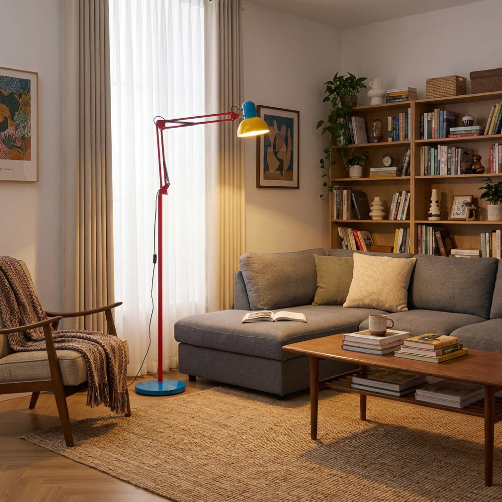 Adjustable Floor Lamp – Memphis Style with Spring-Balanced Articulated Arm and Metal Dome Shade