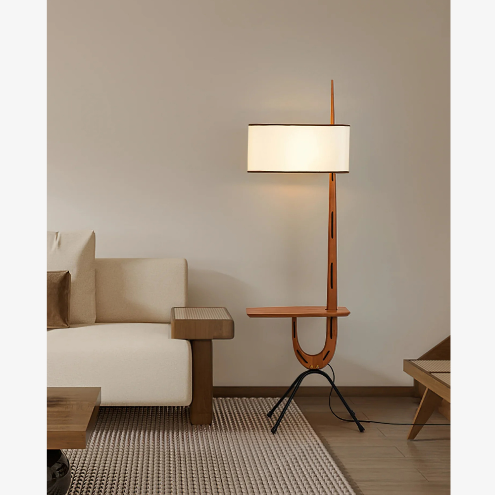 Modern floor lamp with Integrated Shelf and Organic Wooden Frame - Mid-Century