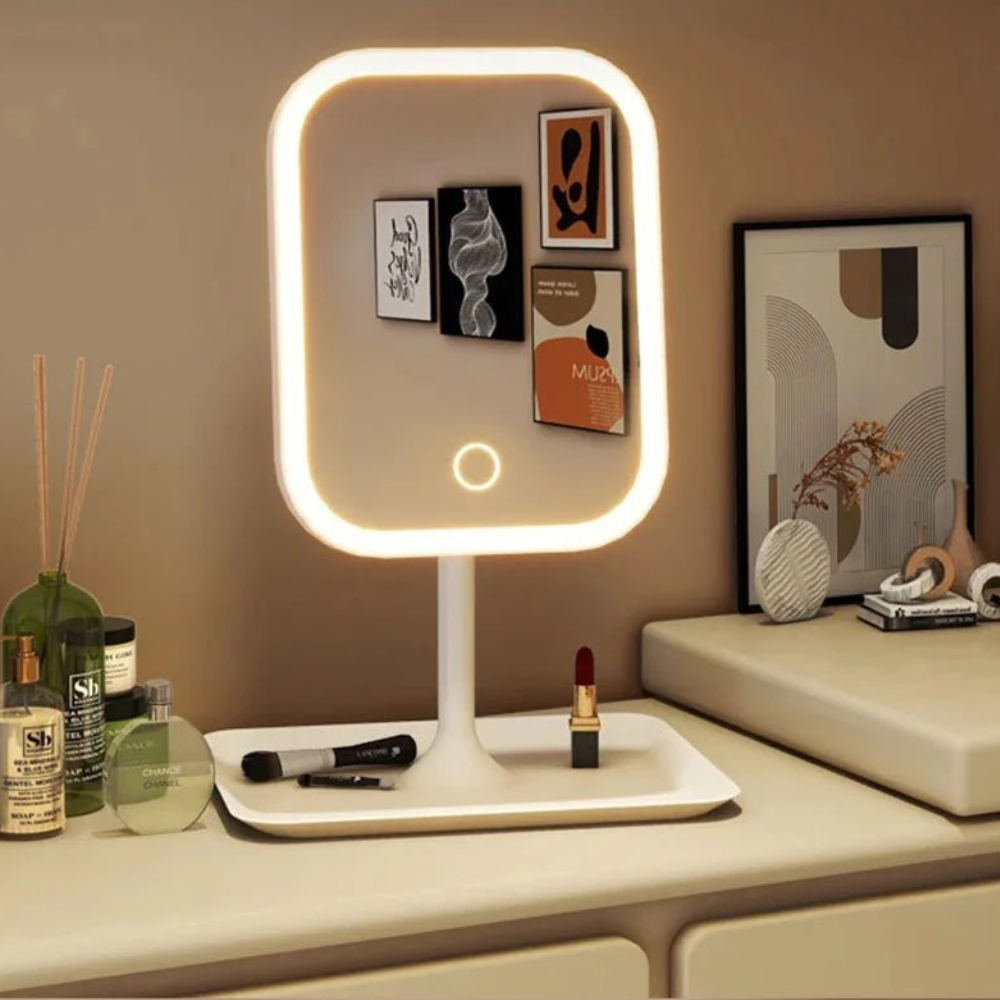 Miroir de maquillage rechargeable avec plateau de rangement intégré - Moderne et minimaliste