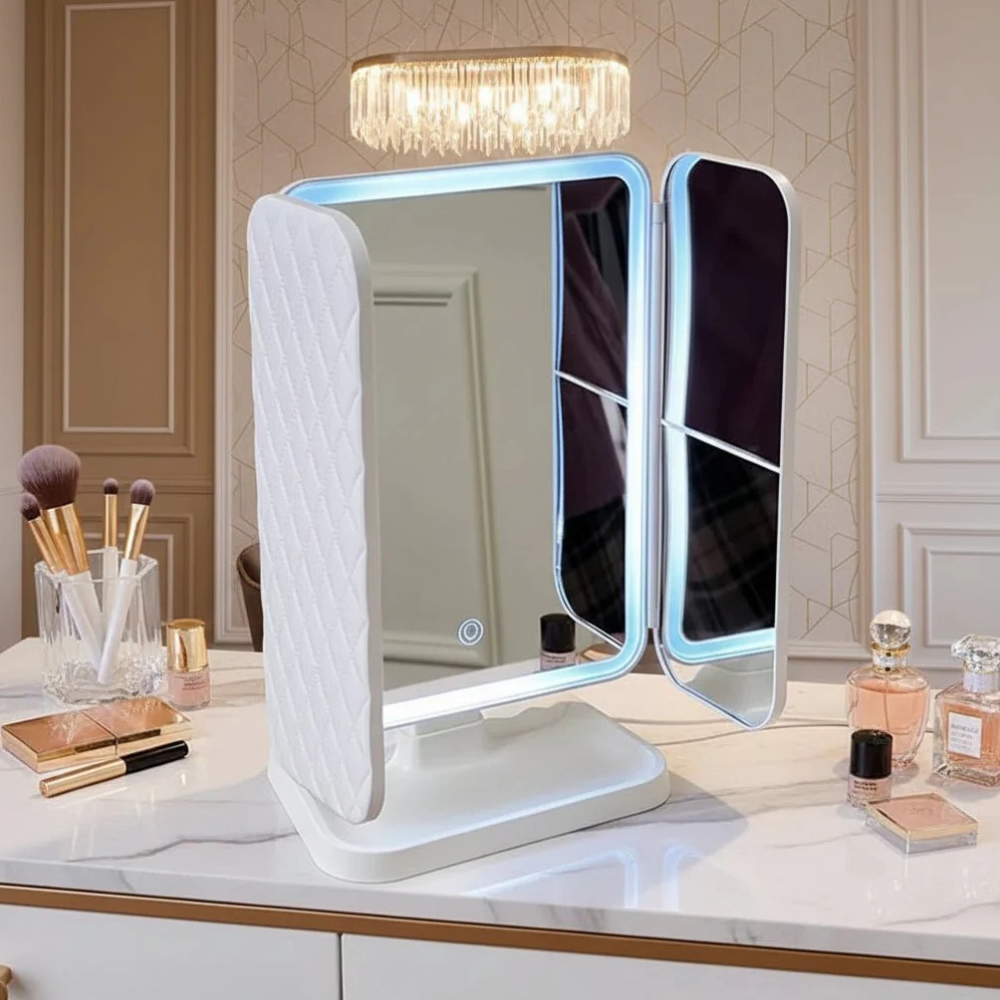 Led makeup mirror with Foldable Triple Panel Design - Modern Minimalist