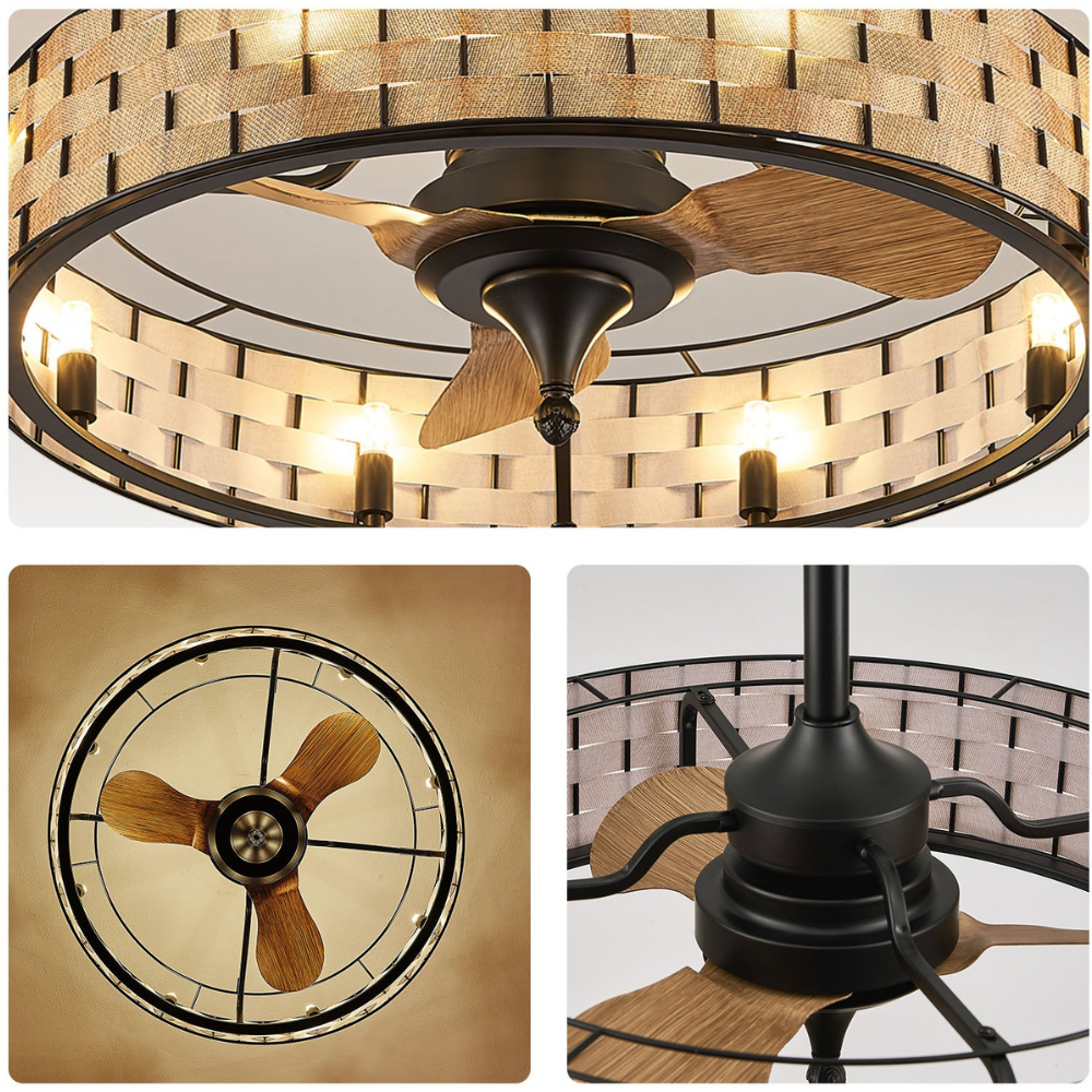 LED-Deckenventilator mit gewebtem Trommelschirm und Käfigrahmen – Bauernhausstil