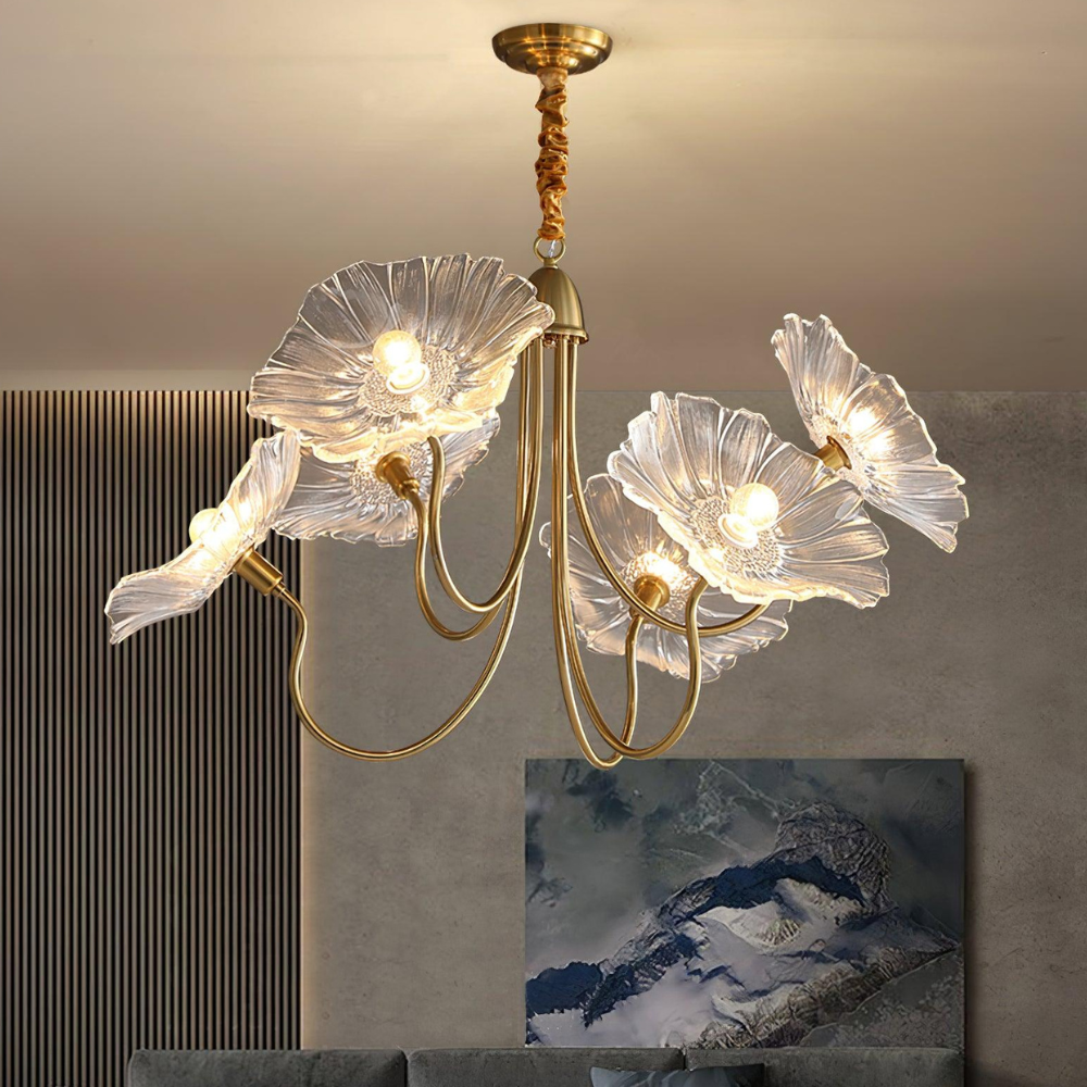 Chandelier with Flower Glass Shades and Gold Metal Frame - Modern Art Deco