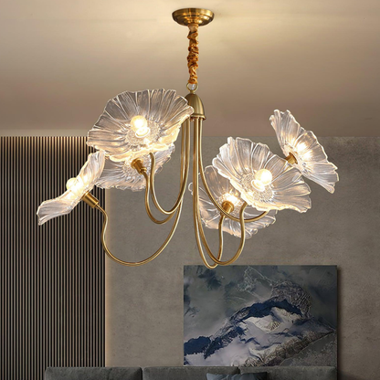 Chandelier with Flower Glass Shades and Gold Metal Frame - Modern Art Deco