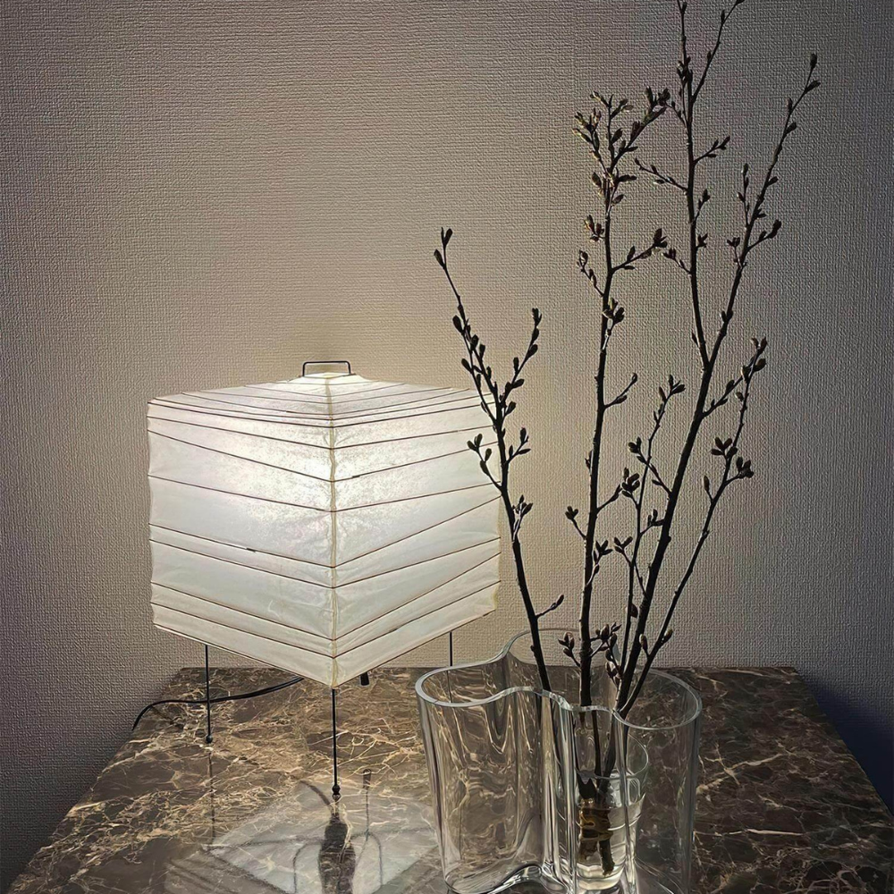 Japanese Paper Lantern Table Lamp with Metal Handle - Wabi Sabi Design