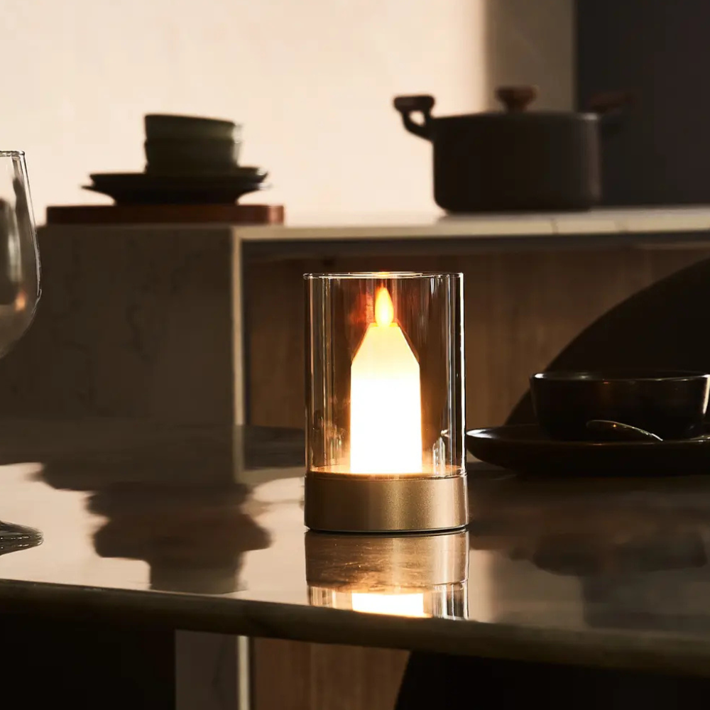 Rechargeable LED Candle Table Lamp with Glass Cylinder - Modern Gold