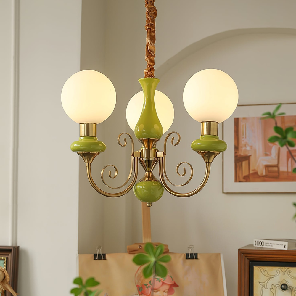 Chandelier with Milky Glass Globes and Scrollwork Frame - Vintage French Style