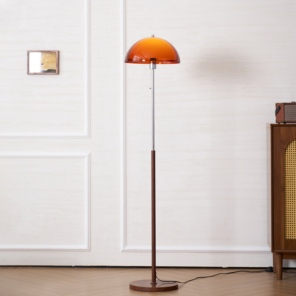 Torchiere Floor Lamp with Bi-Material Metal and Wood Stem with Acrylic Dome Shade