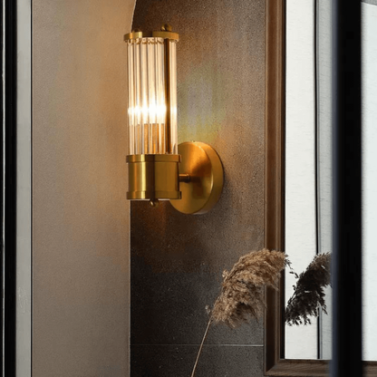 Wall Sconce with Fluted Glass Cylinders - Art Deco Mid Century Copper