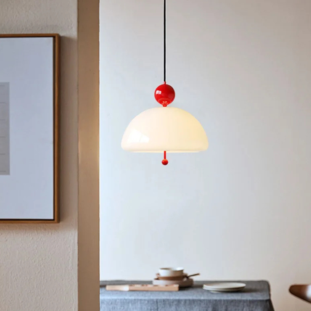 Glass Pendant Light with Domed Shade and Orb Accent - Mid Century Style