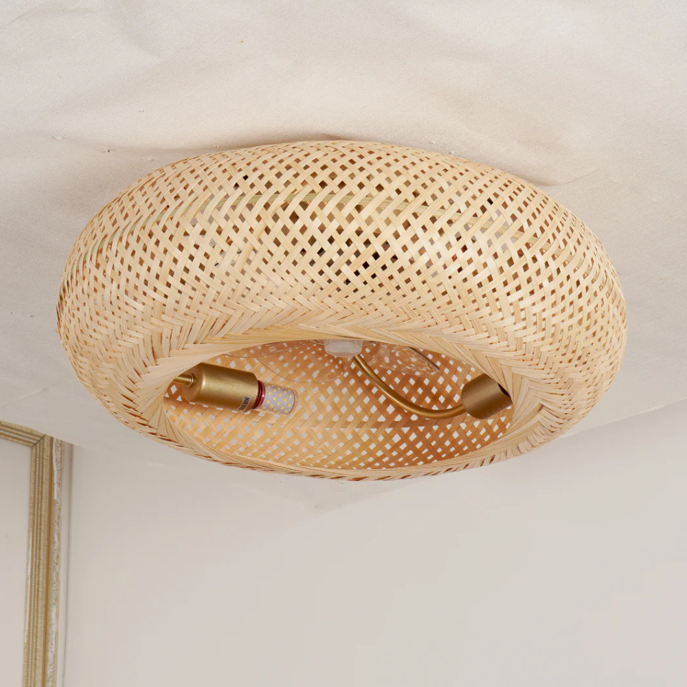 Flush Mount Ceiling Fan Light Woven Bamboo Shade - Coastal Boho Decor