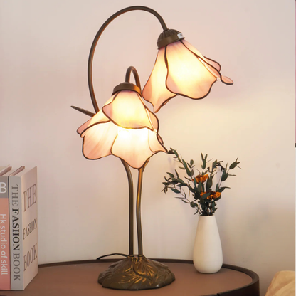Table Lamp with Flower Glass Shades - Vintage Stained Glass Floral