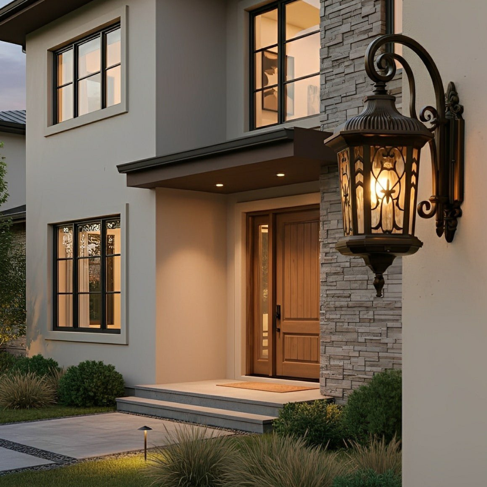 LED Porch Lantern with Scrollwork Frame and Textured Glass - Vintage Style
