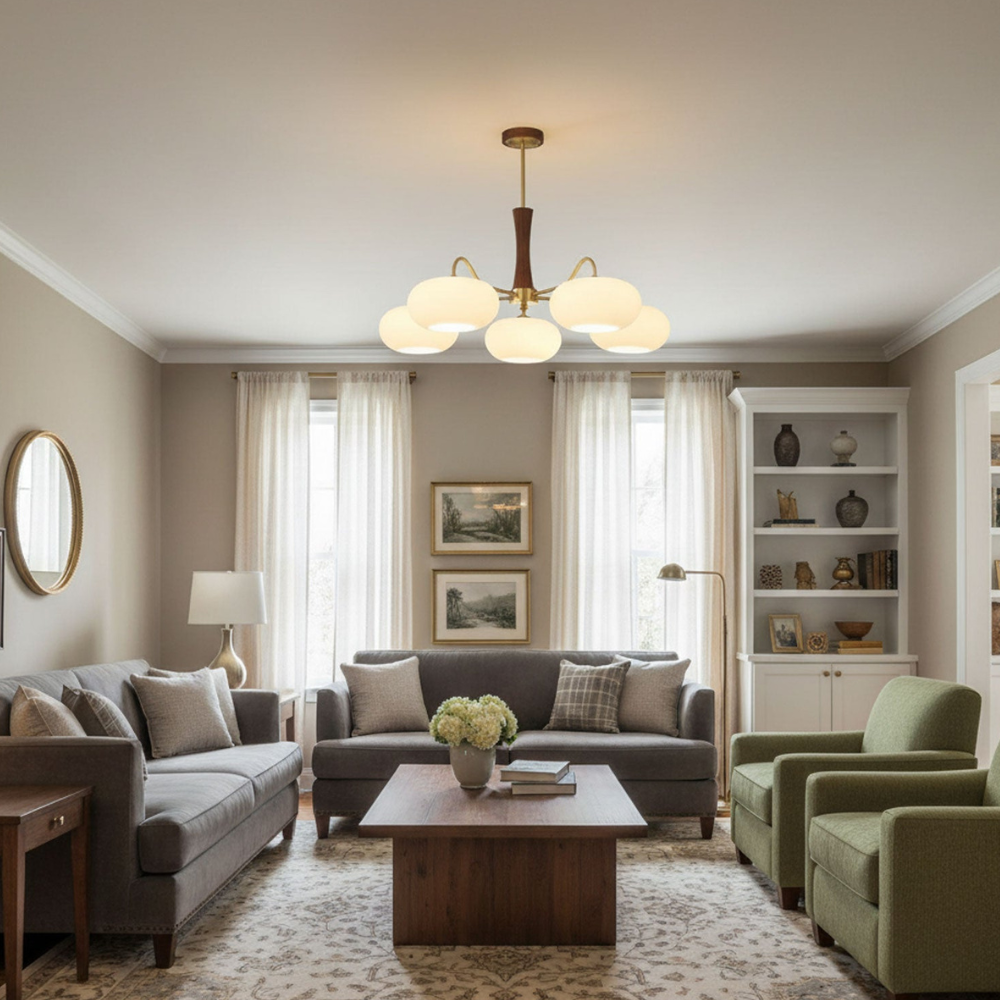 Chandelier with Walnut Wood and Persimmon Glass Shades - Modern Mid Century